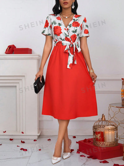 Floral Fantasy: V-Neck Patchwork Dress with Waist Cinching Detail