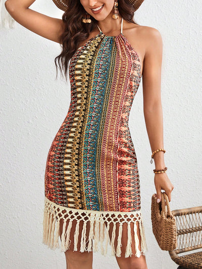 Sunny Getaway Halter Neck Dress - Vacation Vibes All Over Print