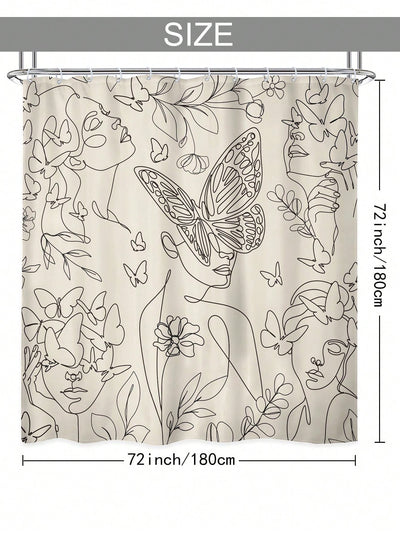 Artistic Abstract Line Pattern Shower Curtain with Face Butterfly and Female Figure Design