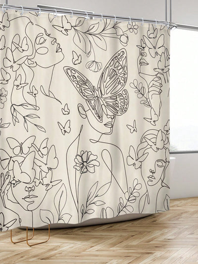 Artistic Abstract Line Pattern Shower Curtain with Face Butterfly and Female Figure Design