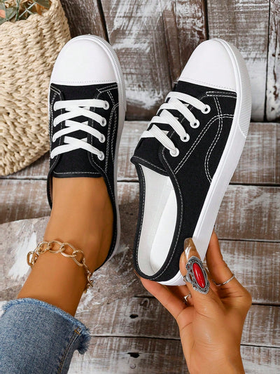 Chic and Comfortable: Women's Sporty Slip-On Shoes with Contrast Binding Design and Lace-Up Front Sneakers