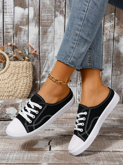 Chic and Comfortable: Women's Sporty Slip-On Shoes with Contrast Binding Design and Lace-Up Front Sneakers