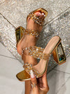 Sparkle and Shine: Women's Fashionable Glitter Peep Toe Mules with Crystal Block Heels