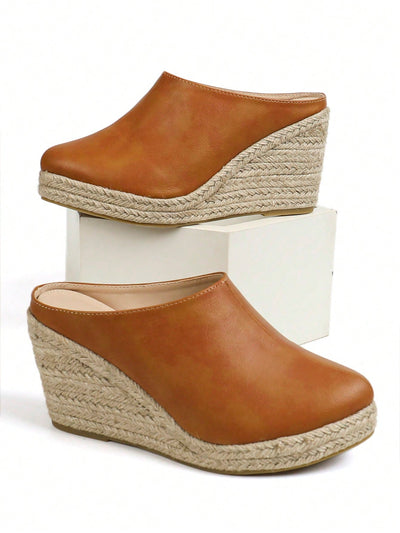 Chic Vintage PU Closed-Toe Rope Wedge Heels for Effortless Style