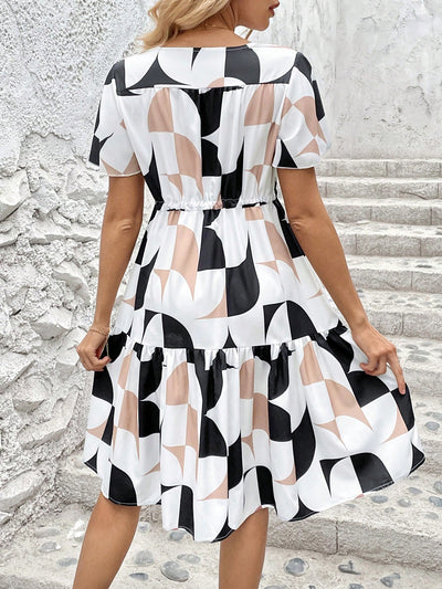 Chic Geometric Print Drawstring Waist Dress