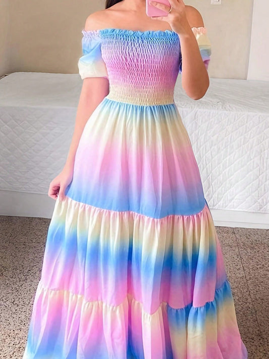 Experience effortless elegance with the Stunning Sunset Maxi Dress. Featuring a trendy gradient design and stylish off-shoulder shirring, this dress is perfect for any fashion-forward woman. Embrace your individuality and make a statement with this stunning piece. Elevate your wardrobe with this must-have dress.