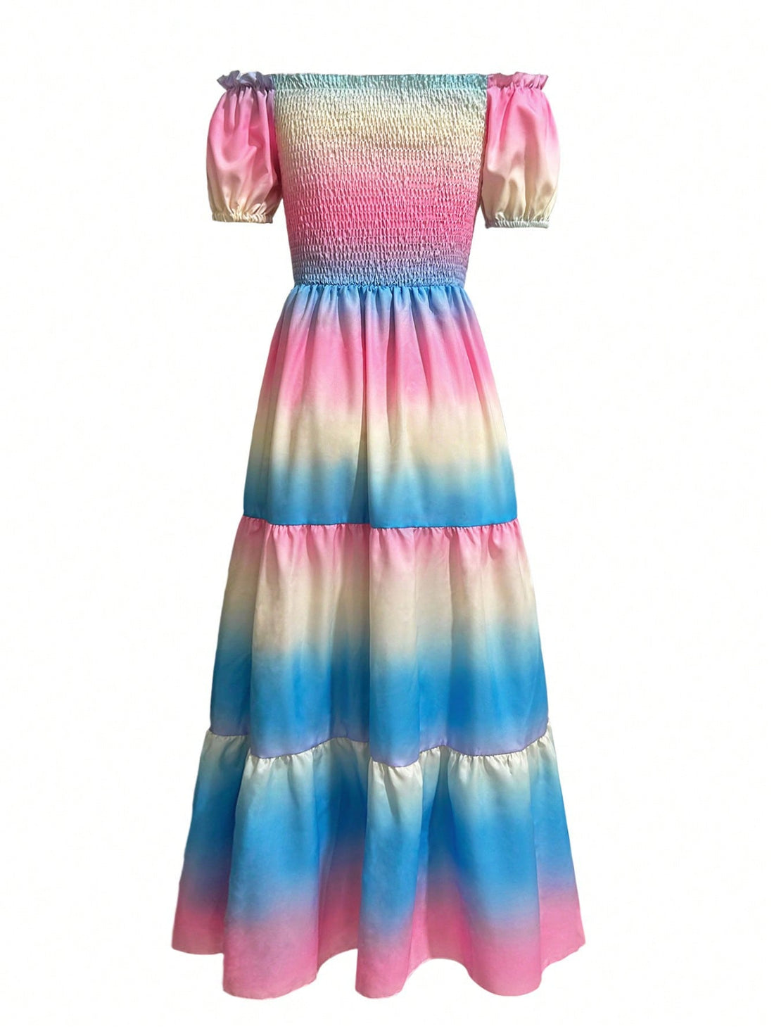 Experience effortless elegance with the Stunning Sunset Maxi Dress. Featuring a trendy gradient design and stylish off-shoulder shirring, this dress is perfect for any fashion-forward woman. Embrace your individuality and make a statement with this stunning piece. Elevate your wardrobe with this must-have dress.