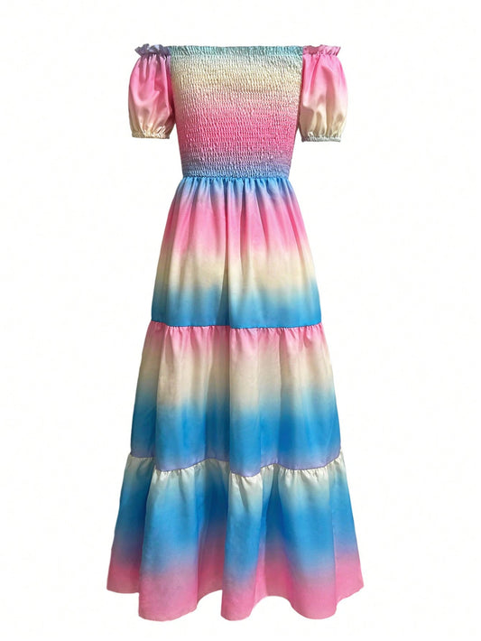 Stunning Sunset: Fashionable Gradient Off-Shoulder Shirred Maxi Dress