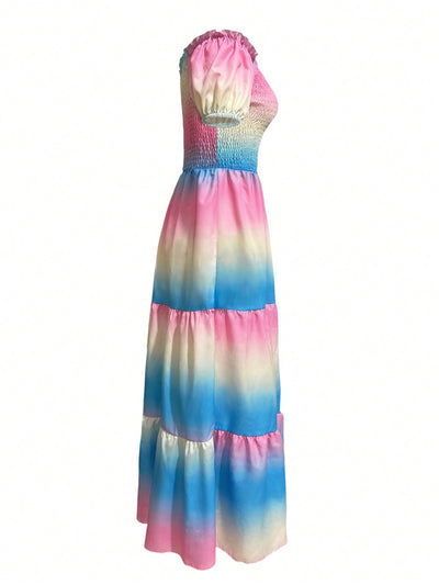 Stunning Sunset: Fashionable Gradient Off-Shoulder Shirred Maxi Dress