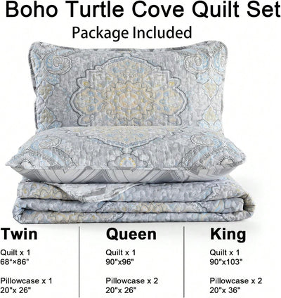 Boho Paisley Damask Print Quilt Set: King Size Bedding with 2 Pillowcases - Lightweight & Soft Microfiber - Grey Turtle Cove Design - All Season Comfort