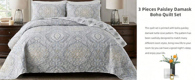 Boho Paisley Damask Print Quilt Set: King Size Bedding with 2 Pillowcases - Lightweight & Soft Microfiber - Grey Turtle Cove Design - All Season Comfort