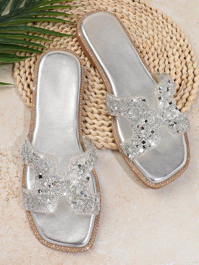 Sparkling Silver Stride: Chic Flat Sandals for Women