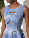 Denim Silver Metallic Dress: A Cutout and Draped Masterpiece