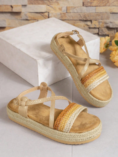 Beach Vacation Style: Woven Details One Line Buckle Design Sandals With Thick Soled Wedge Heel - Random Pattern And Texture