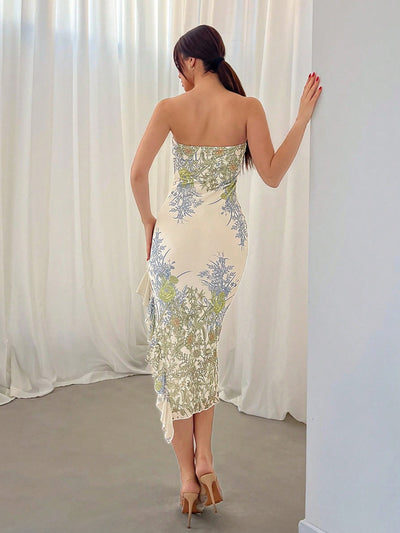 Floral Charm: Summer Women's Elegant Wedding Bodycon Tube Midi Dress