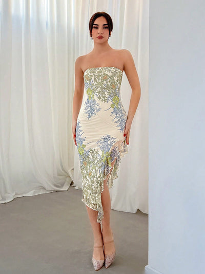 Floral Charm: Summer Women's Elegant Wedding Bodycon Tube Midi Dress