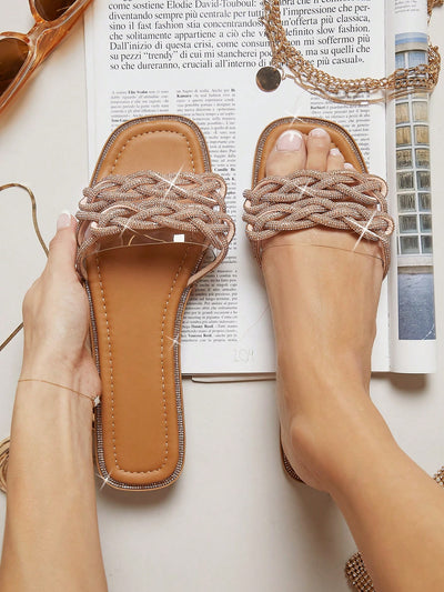 Glamour Shine: Rhinestone Embellished Flat Sandals for Women