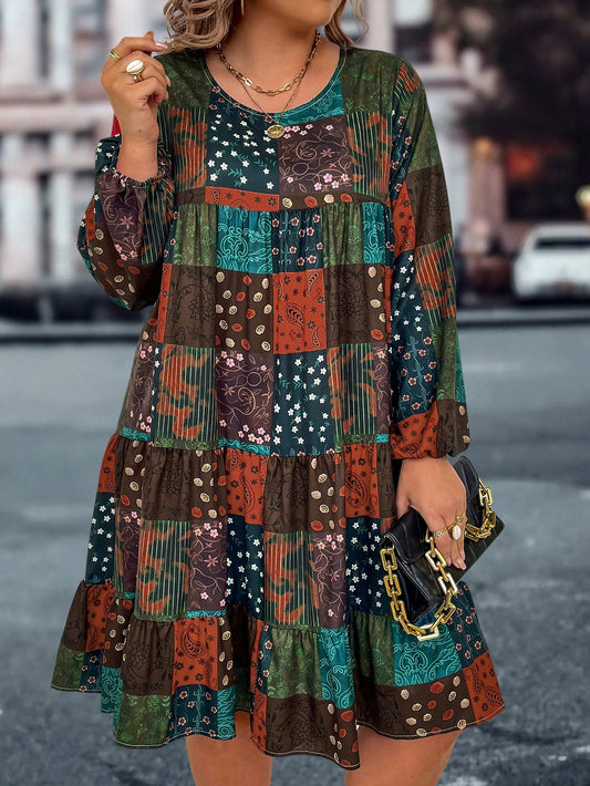 Effortlessly Chic: Plus Size Ditsy Floral Lantern Sleeve Dress with Ruffled Hem