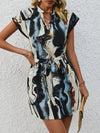 Chic and Sophisticated: Striped Print Notched Neckline Batwing Sleeve Belted Dress