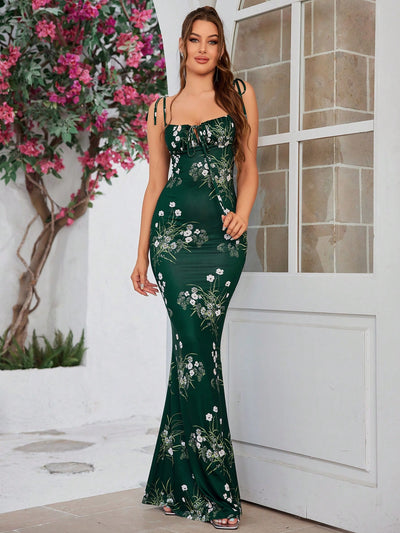 Blooming Beauty: Floral Print Tie Shoulder Mermaid Hem Maxi Cami Dress