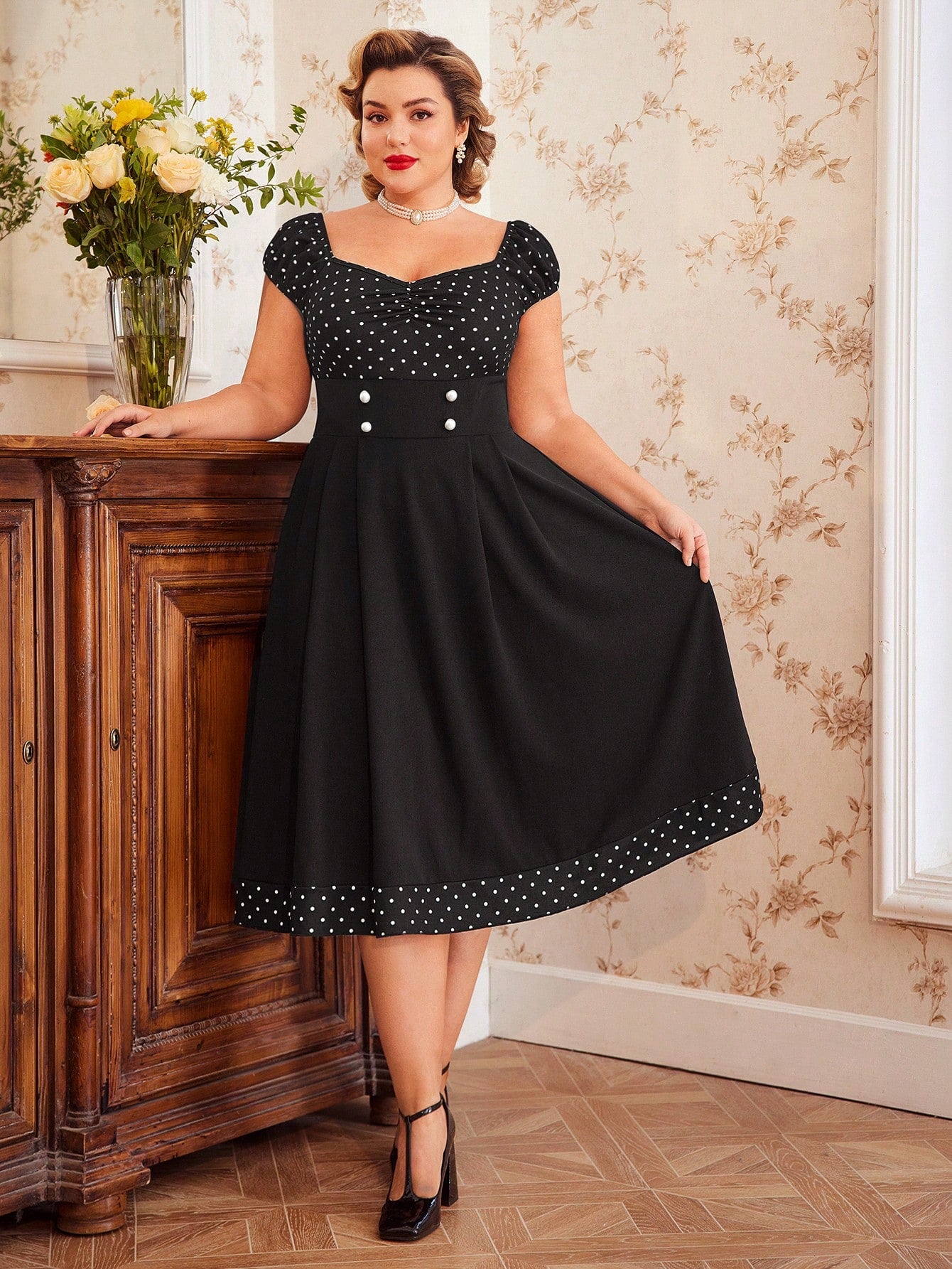 Retro Chic: Vintage Polka Dot Dress with Faux Pearl Accents and Puff S – Canary Houze