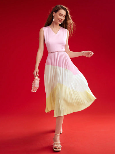 Chic Color Block Pleated Hem Dress for Trendsetting Women