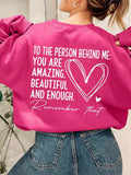 Detail view of Plus Size Womens Heart Pattern Sweatshirt - Inspirational Message Pullover for Fall and Winter for everyday styling