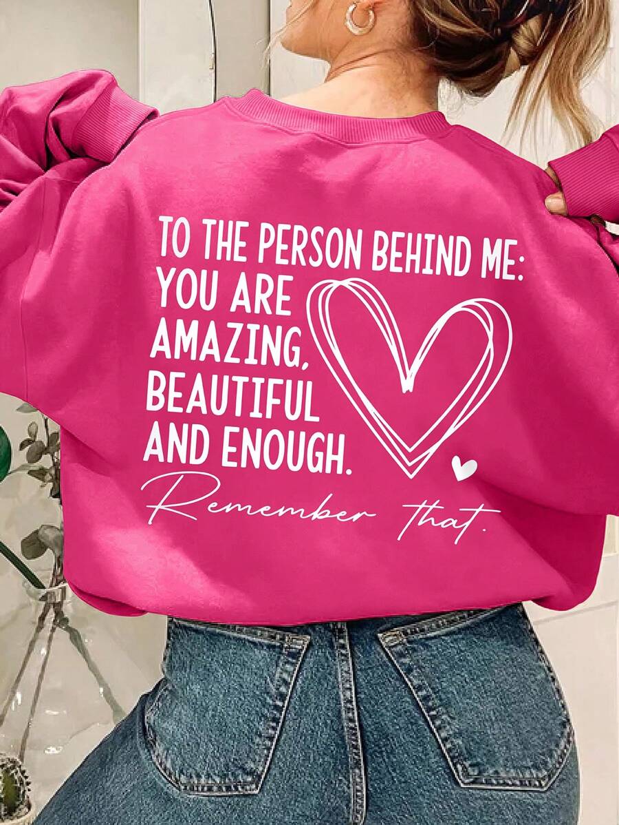 Detail view of Plus Size Womens Heart Pattern Sweatshirt - Inspirational Message Pullover for Fall and Winter for everyday styling