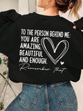 Detail view of Plus Size Womens Heart Pattern Sweatshirt - Inspirational Message Pullover for Fall and Winter for everyday styling