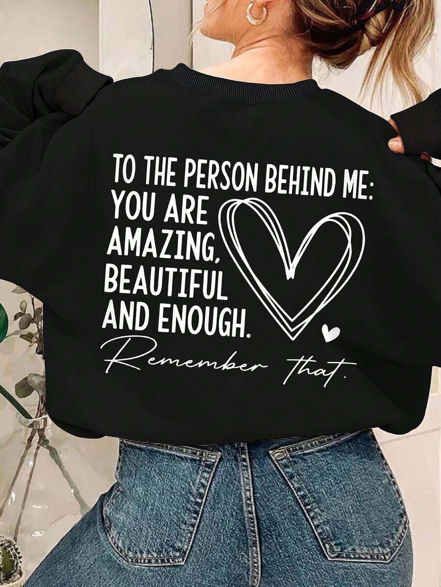 Detail view of Plus Size Womens Heart Pattern Sweatshirt - Inspirational Message Pullover for Fall and Winter for everyday styling