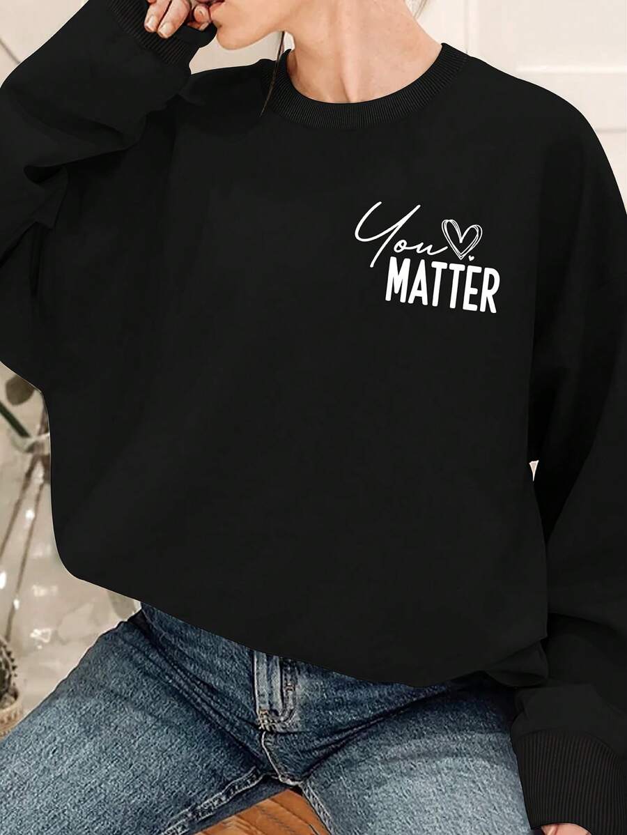 Detail view of Plus Size Womens Heart Pattern Sweatshirt - Inspirational Message Pullover for Fall and Winter for everyday styling