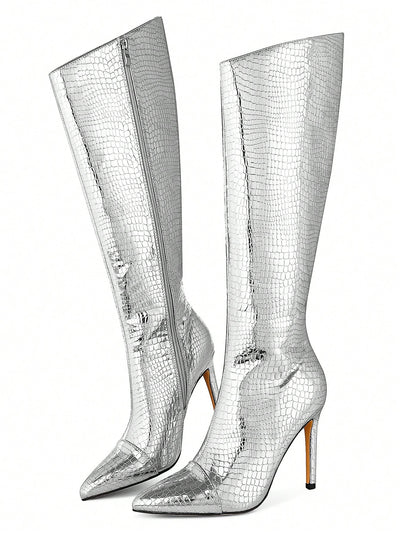 Reflective Glamour: Metallic Knee-High Stiletto Boots for Fashion-Forward Women