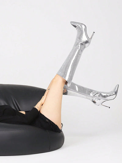 Reflective Glamour: Metallic Knee-High Stiletto Boots for Fashion-Forward Women