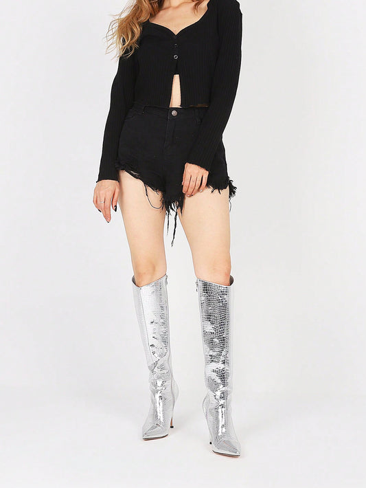 Reflective Glamour: Metallic Knee-High Stiletto Boots for Fashion-Forward Women