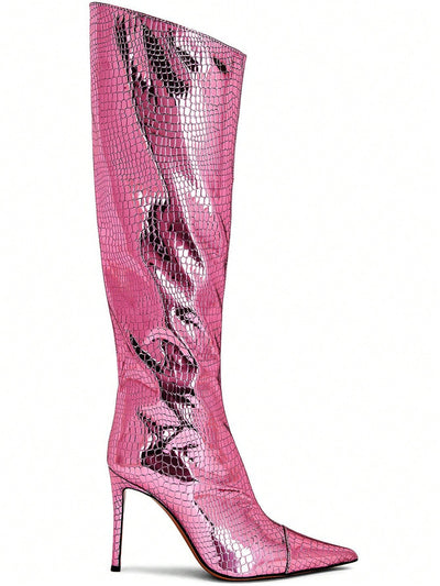 Reflective Glamour: Metallic Knee-High Stiletto Boots for Fashion-Forward Women