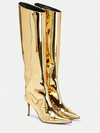 Reflective Glamour: Metallic Knee-High Stiletto Boots for Fashion-Forward Women