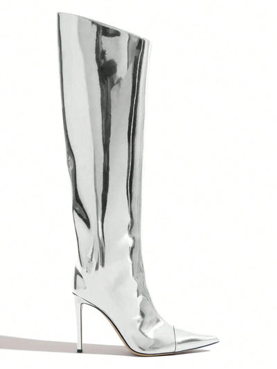 Reflective Glamour: Metallic Knee-High Stiletto Boots for Fashion-Forward Women