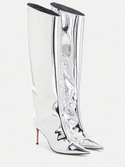 Reflective Glamour: Metallic Knee-High Stiletto Boots for Fashion-Forward Women