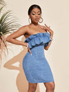 Sweet and Sassy: Ruffle Trim Strapless Denim Dress