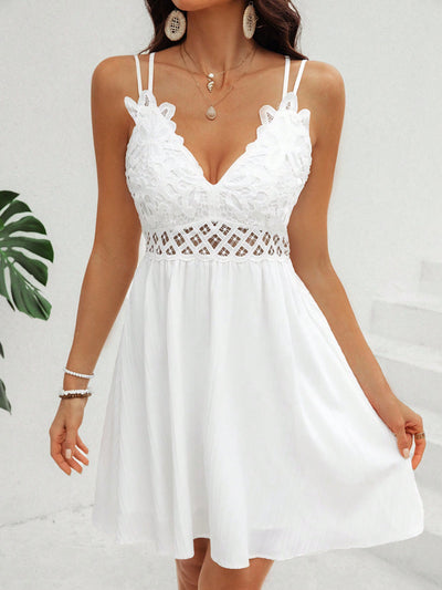 Summertime Chic: Women's Lace Splice Spaghetti Strap White Dress