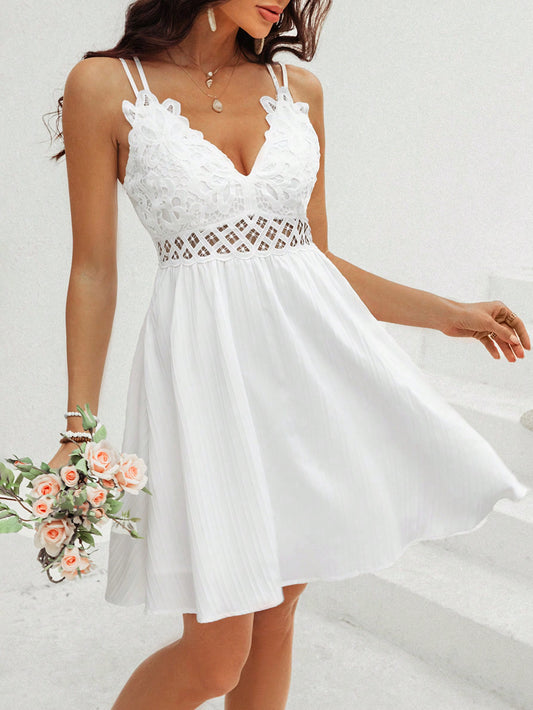 Maximize your summer style with our Summertime Chic dress! Featuring delicate lace splicing and adjustable spaghetti straps, this white dress is perfect for any occasion. Stay cool and fashionable in this must-have piece.