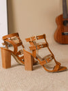 Stylish and Comfortable Cut-Out Design Women's Buckled Strap Wooden Print High Heel Roman Sandals in Brown and White - Perfect for Outdoor Activities