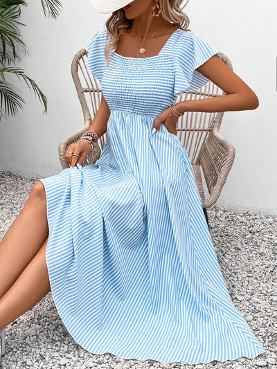 Trendy Striped Shirred Ruffled Short-Sleeve Dress for Women