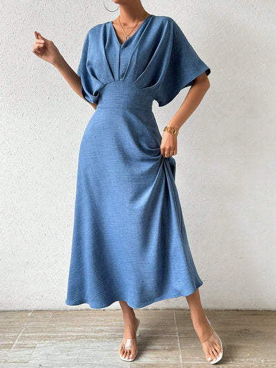 Chic and Comfy: Elegant V-Neck Batwing Dress for Effortless Style