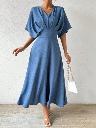 Chic and Comfy: Elegant V-Neck Batwing Dress for Effortless Style