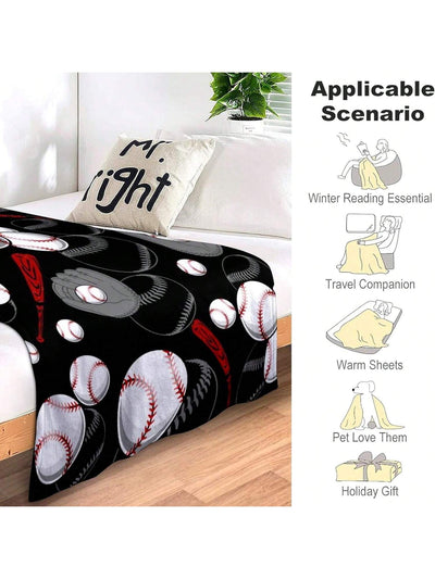 Baseball Printing Flannel Blanket - Lightweight and Comfortable Throw Blanket for Adults - Perfect for Bed, Couch, Camping, and Travel - All Season Warmth