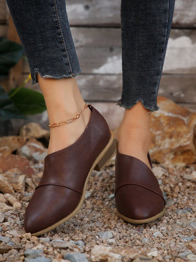 Chic Brown Pointed Toe Mules with Hollowed Sides and Chunky Heels for Effortless Elegance