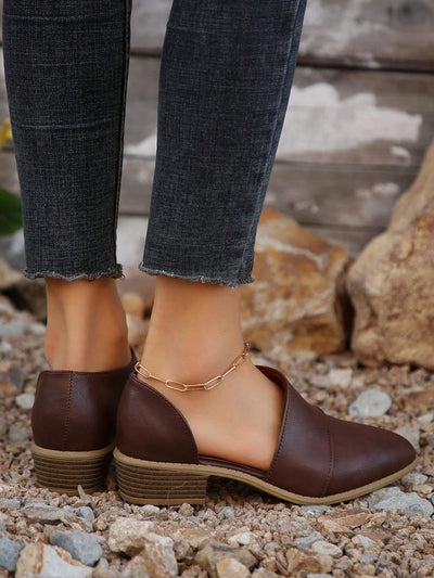 Chic Brown Pointed Toe Mules with Hollowed Sides and Chunky Heels for Effortless Elegance