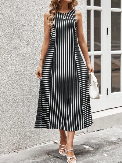 Elegant and Timeless: Women's Black and White Striped A-Line Long Summer Dress