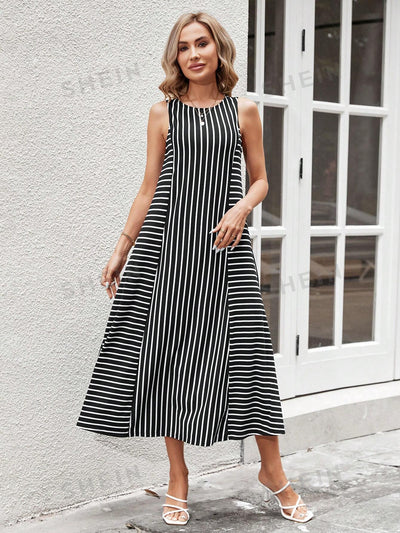 Elegant and Timeless: Women's Black and White Striped A-Line Long Summer Dress